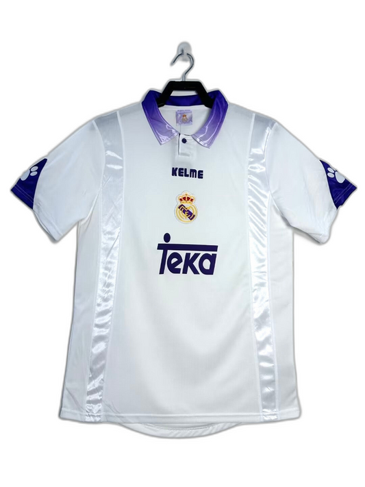 Camiseta Real Madrid 97/98 retro blanca, logo Kelme, escudo, detalles morados, exclusiva Reino del Futbol