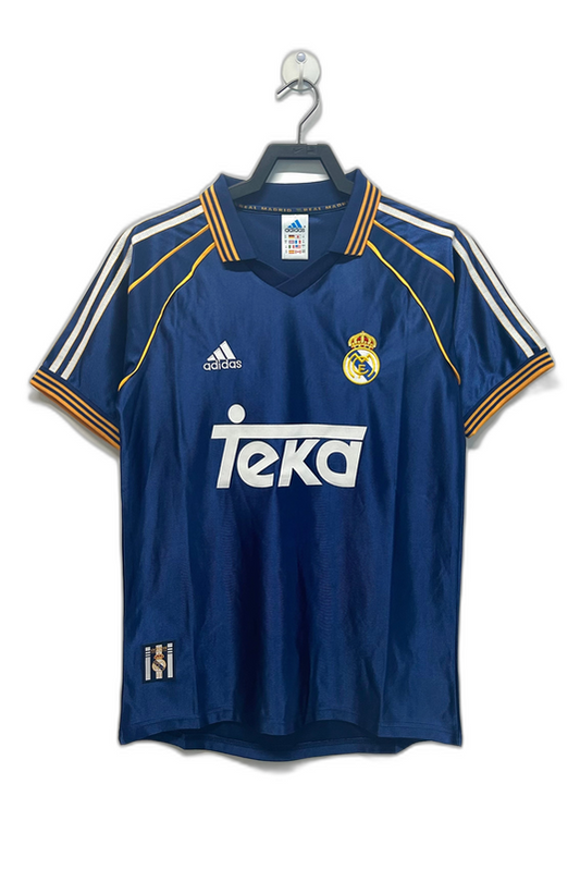 Camiseta retro Real Madrid 1998-2000 azul tercera equipación, logo Adidas y Teka, fútbol europeo