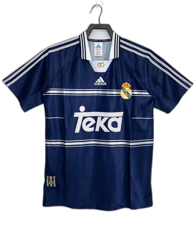 Camiseta retro Real Madrid 98/99 azul con logo Adidas y escudo, venta en Reino del Futbol