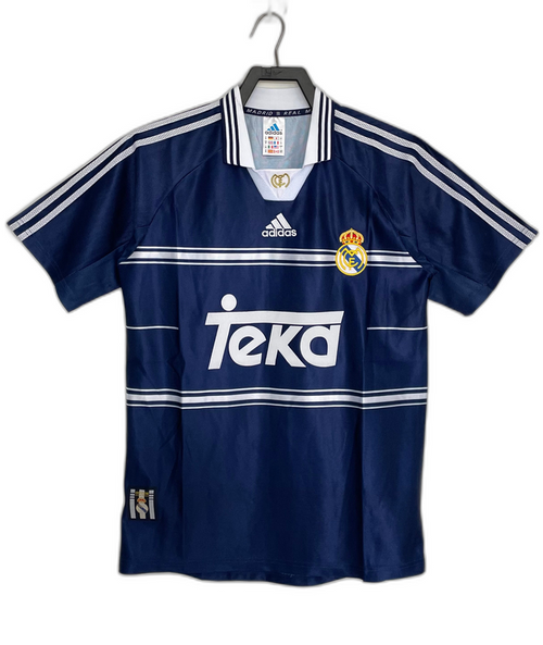 Camiseta retro Real Madrid 98/99 azul con logo Adidas y escudo, venta en Reino del Futbol