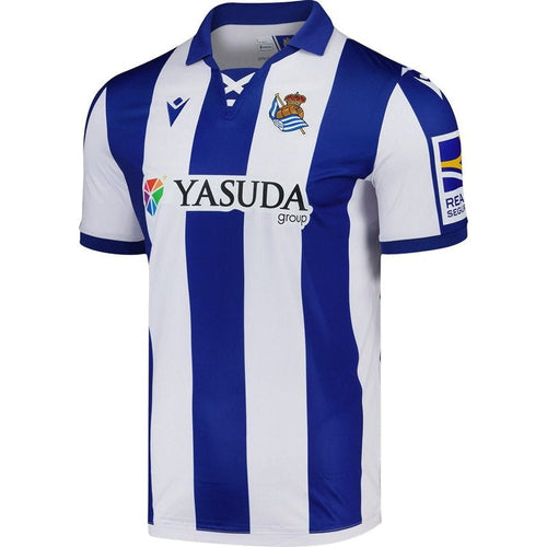 Camiseta Real Sociedad 2024-2025 local, rayas azules y blancas, escudo y patrocinador Yasuda