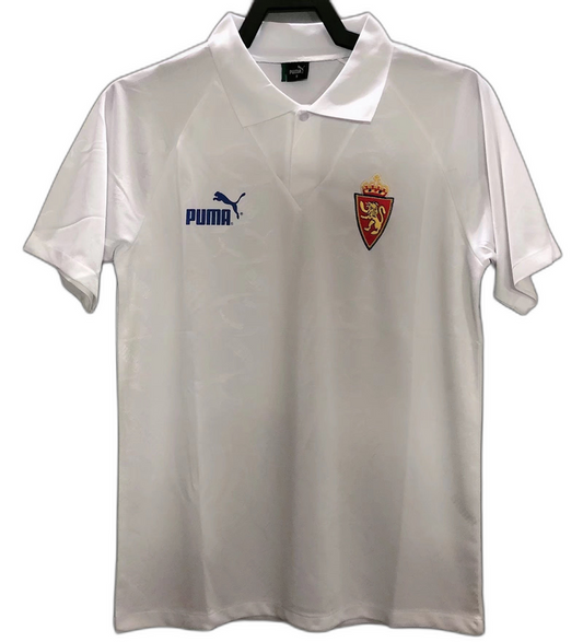 Camiseta Real Zaragoza 1995 retro blanca con logo Puma y escudo, edición especial fútbol europeo