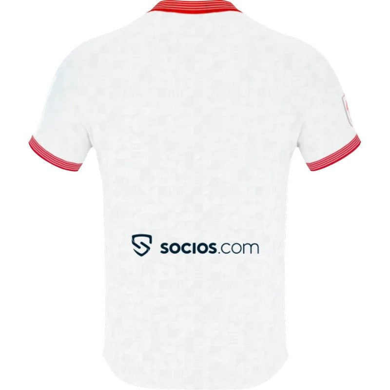 Camiseta Sevilla FC 2023-2024 versión jugador blanca con detalles rojos y logo Socios.com