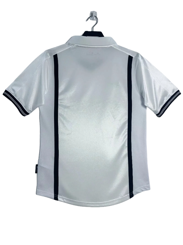Camiseta retro Valencia CF blanca con rayas negras verticales, vista trasera, Reino del Futbol