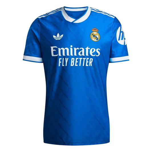 Camiseta azul Real Madrid edición especial adidas, logos Emirates y HP, Reino del Futbol