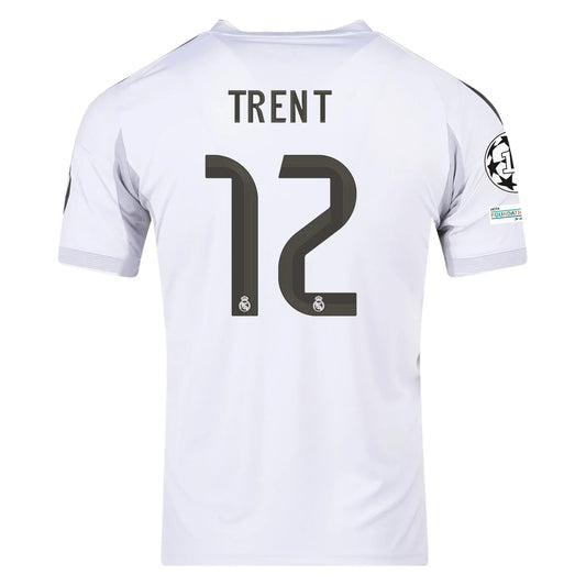 Camiseta de fútbol blanca del Real Madrid personalizada con nombre Trent y número 12, edición europea.