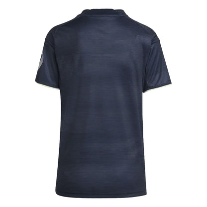 Camiseta de fútbol azul marino vista trasera, modelo exclusivo Reino del Futbol
