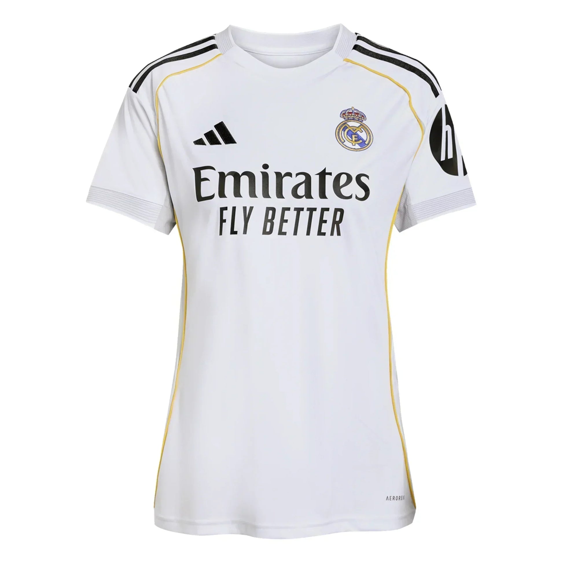 Camiseta oficial Real Madrid 2023 blanca con logo adidas y patrocinio Emirates, colección Reino del Futbol