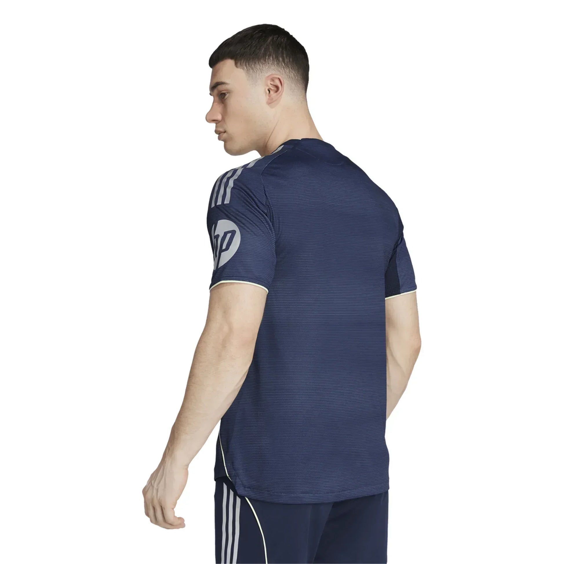 Camiseta de fútbol europea azul marino con rayas blancas, modelo masculino de Reino del Futbol