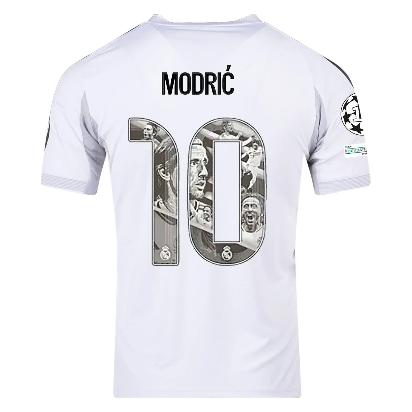 Camiseta de fútbol Real Madrid blanca con nombre Modric y número 10, edición especial.