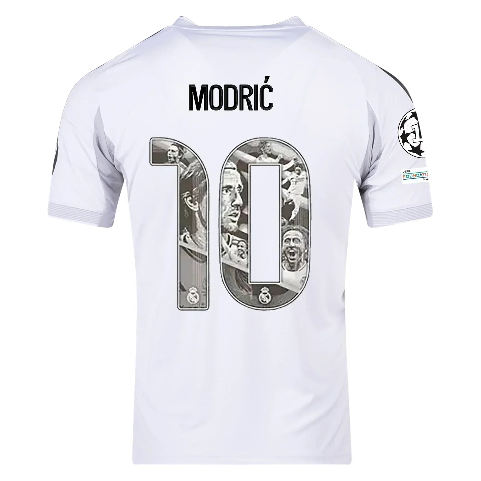 Camiseta de fútbol Real Madrid blanca con nombre Modric y número 10, edición especial.