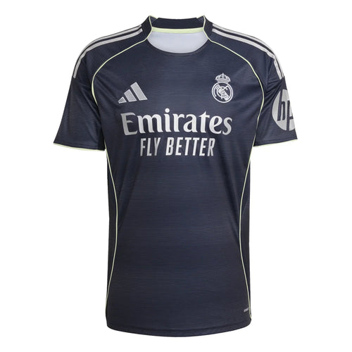 Camiseta Real Madrid 2023 azul marino con logos Adidas y Emirates, edición especial fútbol europeo.