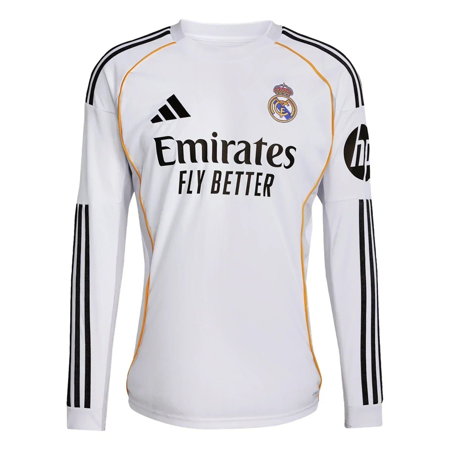 Camiseta Real Madrid blanca manga larga oficial, logo Adidas, patrocinio Emirates y detalles negros.