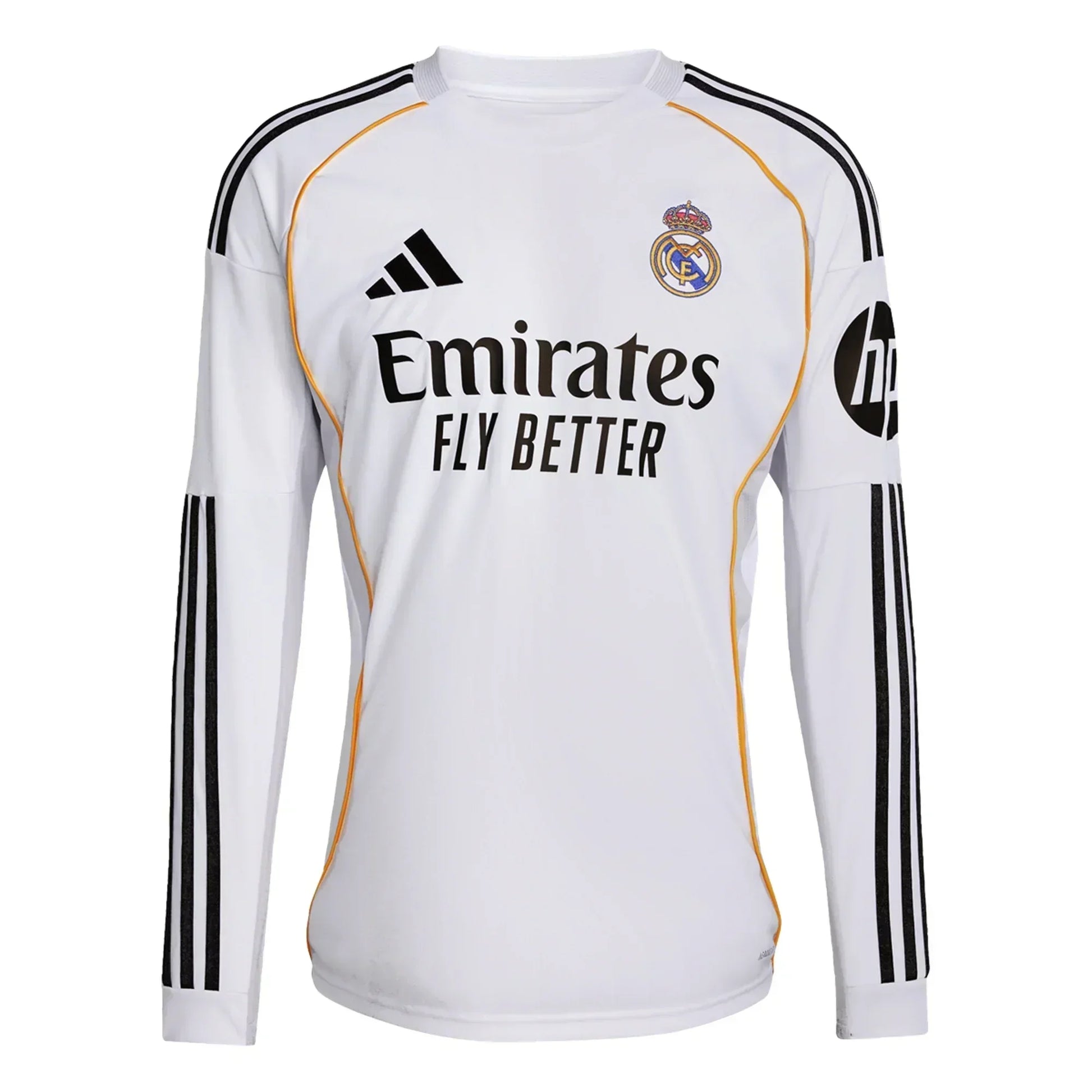 Camiseta Real Madrid blanca manga larga oficial, logo Adidas, patrocinio Emirates y detalles negros.