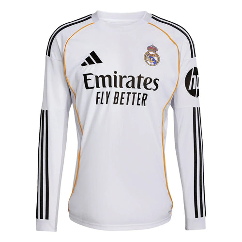 Camiseta Real Madrid blanca manga larga oficial, logo Adidas, patrocinio Emirates y detalles negros.